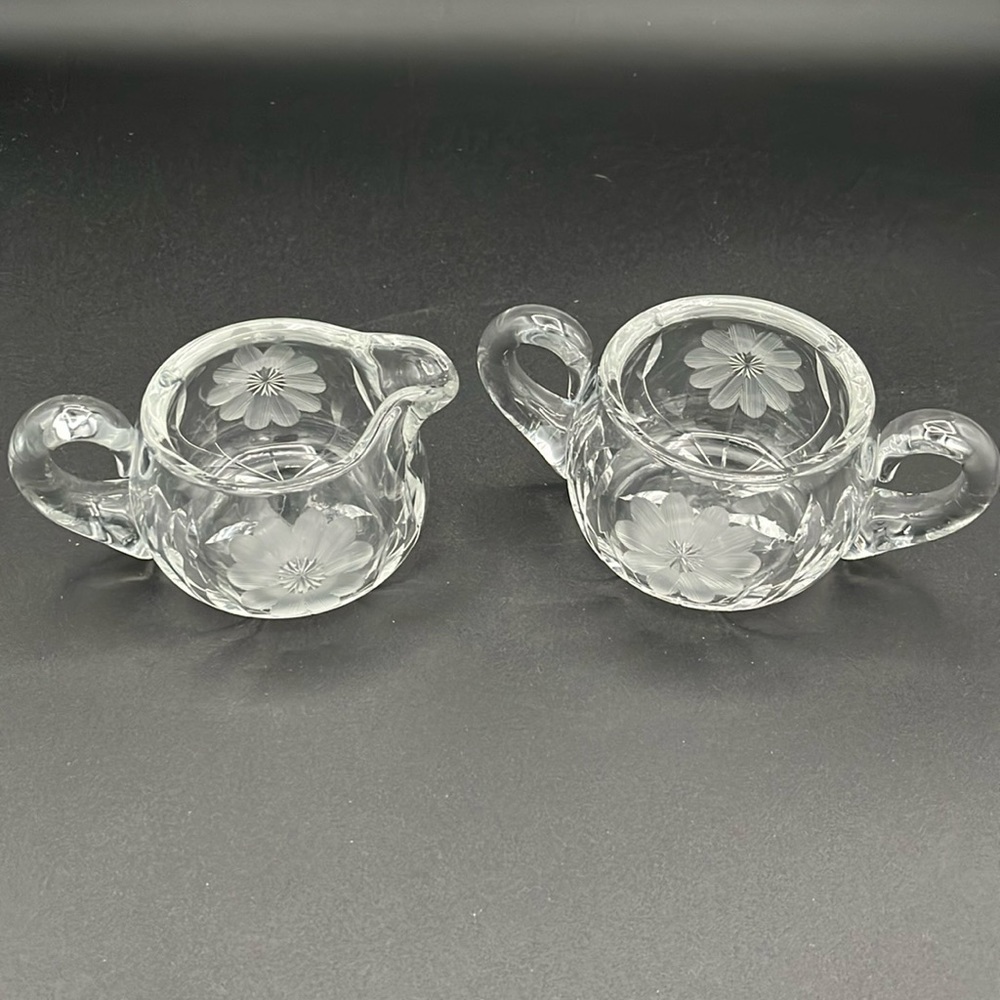 Vintage Floral Etched and Cut Glass Creamer and Sugar bowl.